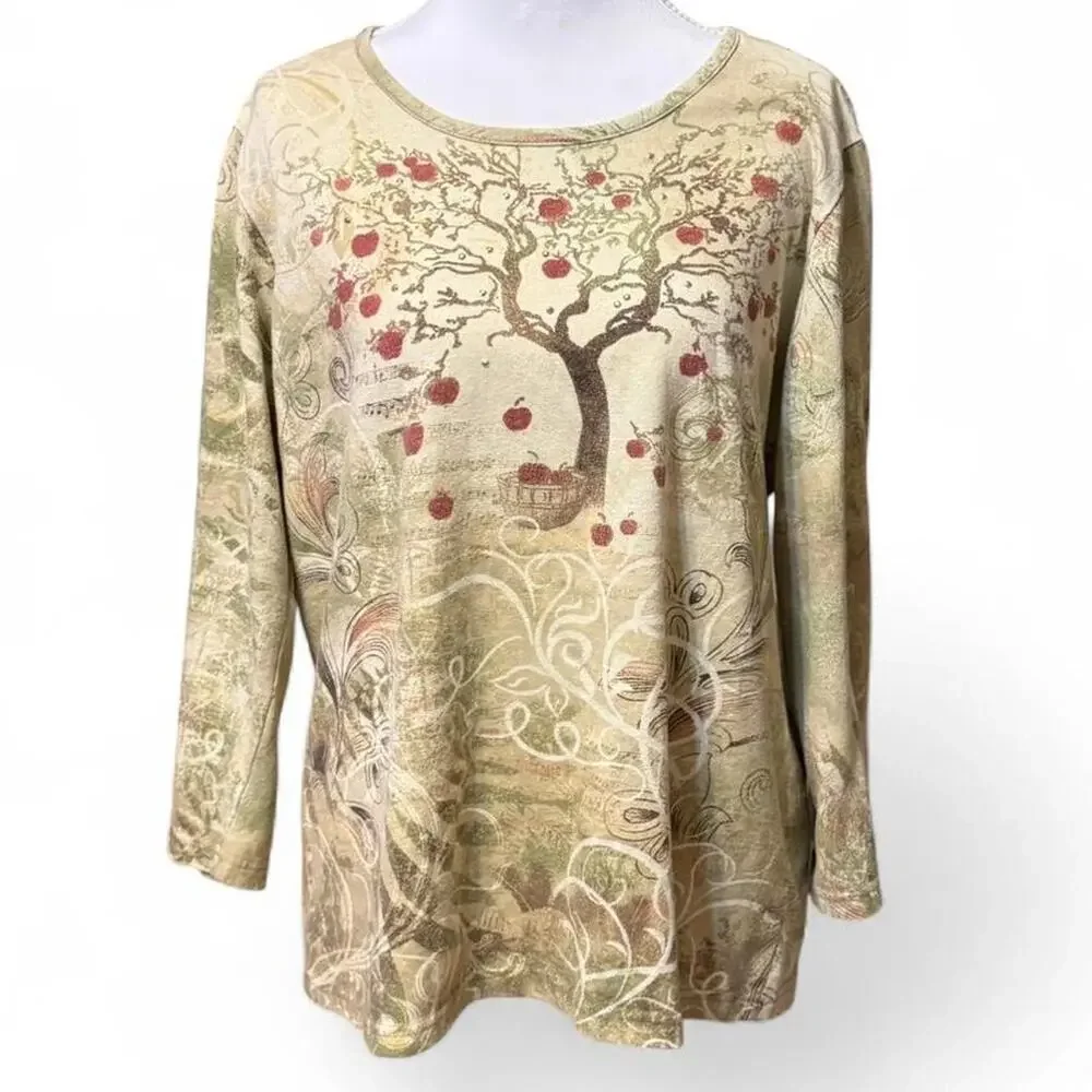Basic Editions long‑sleeve tree print top – Green, L/G